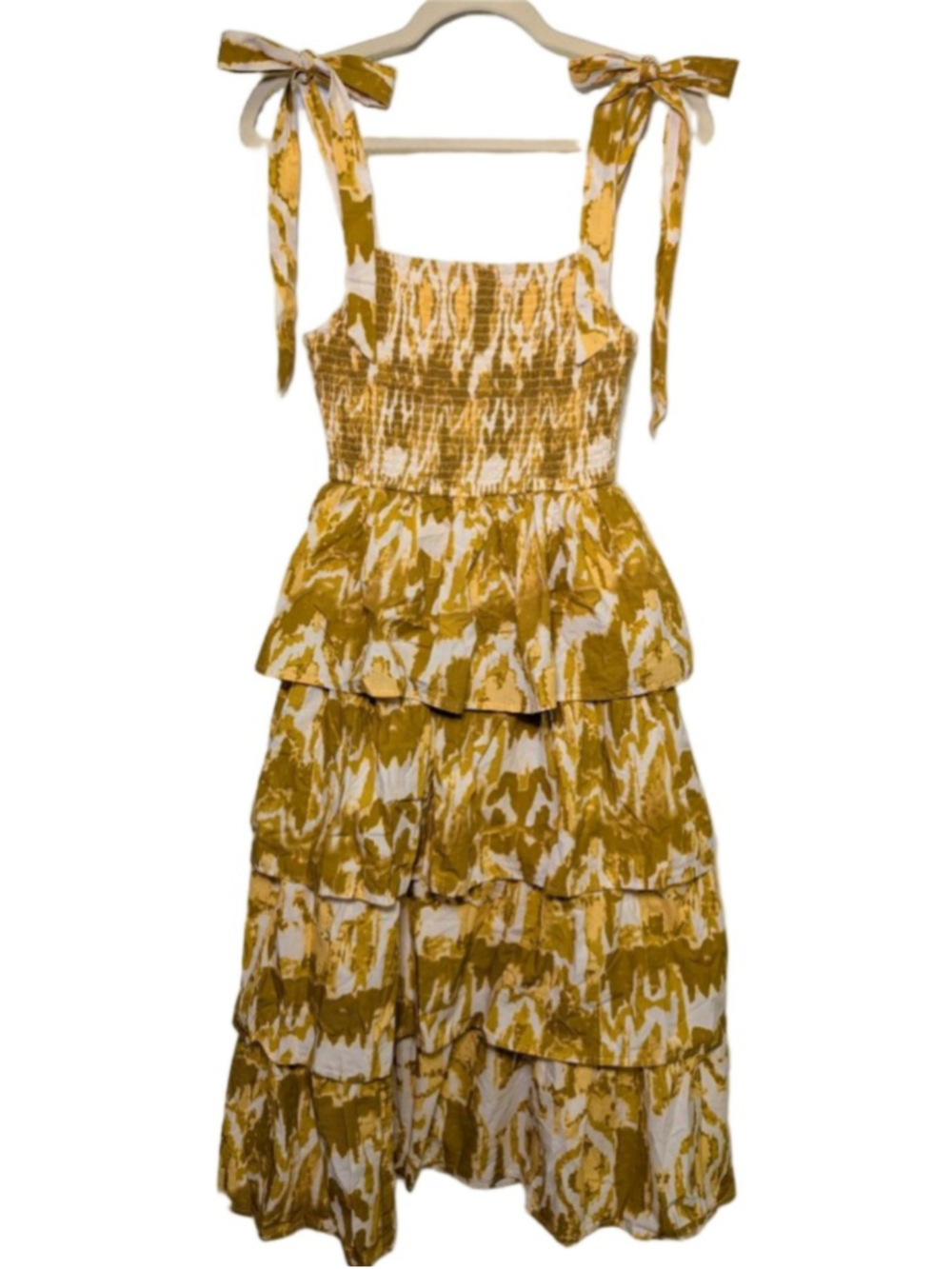 Women's Cleobella Yellow & White Tie-Strap Tiered Midi Dress S